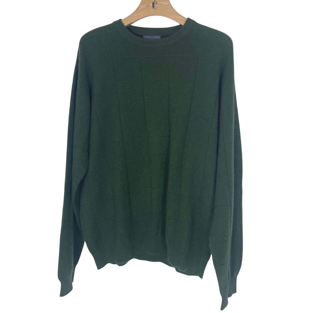 Joseph & Lyman Mens 100% Cashmere Crewneck Sweater Green Grid Knit Large